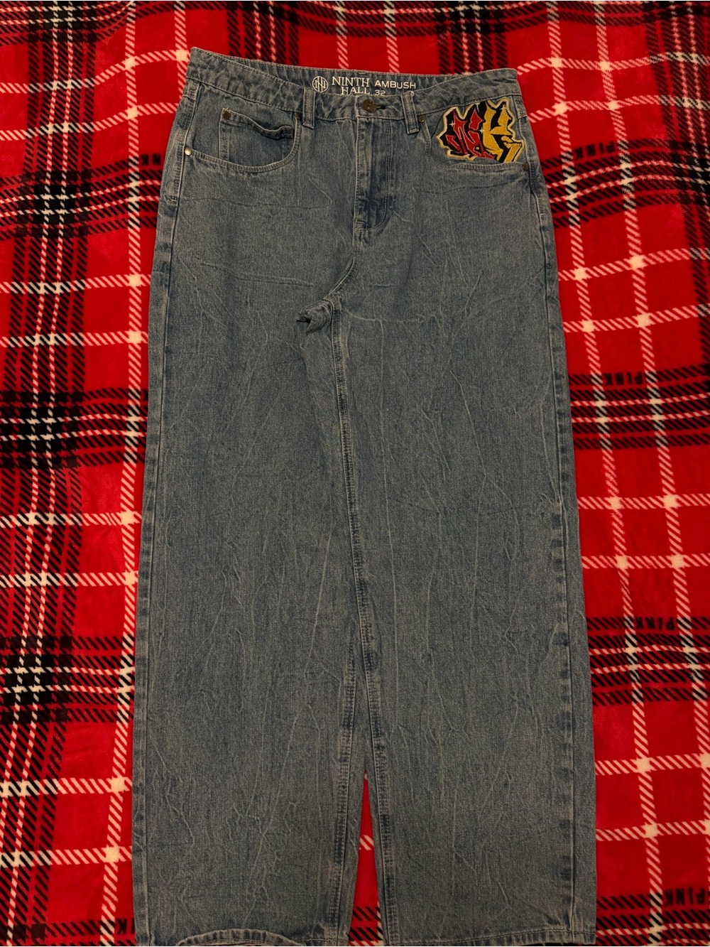 Ambush Hall Men's Relaxed Blue Denim Jeans with Flame Patch